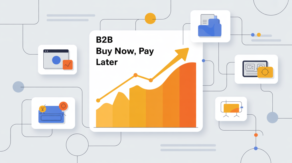 Infografica che mostra i vantaggi del buy now pay later nel commercio B2B con icone di crescita e flussi di pagamento.