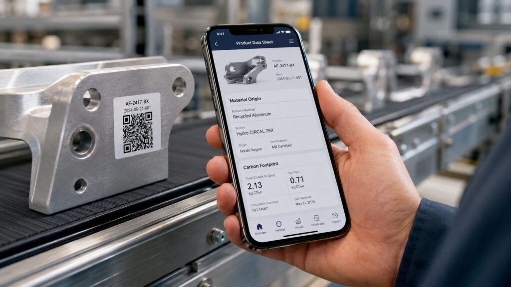 Digital product passport mostrato via QR code su un prodotto industriale europeo
